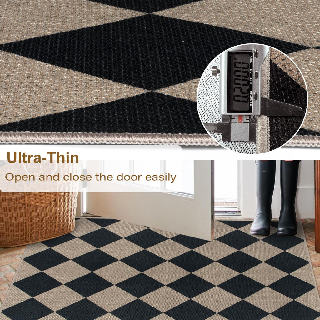 Rugalia Easy Jute Checkered Entryway Rug, 2x3 Black Modern Indoor Outdoor Doormat, Washable Non-Slip Neutral Small Kitchen Rug Farmhouse Diamond Throw Rugs for Entrance Bedroom Bathroom