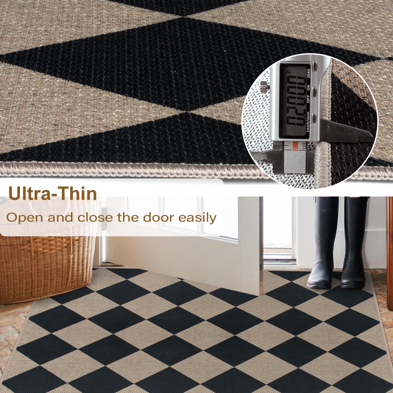 Rugalia Easy Jute Checkered Entryway Rug, 2x3 Black Modern Indoor Outdoor Doormat, Washable Non-Slip Neutral Small Kitchen Rug Farmhouse Diamond Throw Rugs for Entrance Bedroom Bathroom