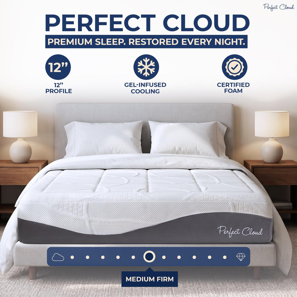 Perfect Cloud UltraPlush Full Mattress - 10 Inch Cooling Gel Memory Foam, Charcoal-Infused, Pressure Relief, Motion Isolation, Bed in a Box, Made in USA
