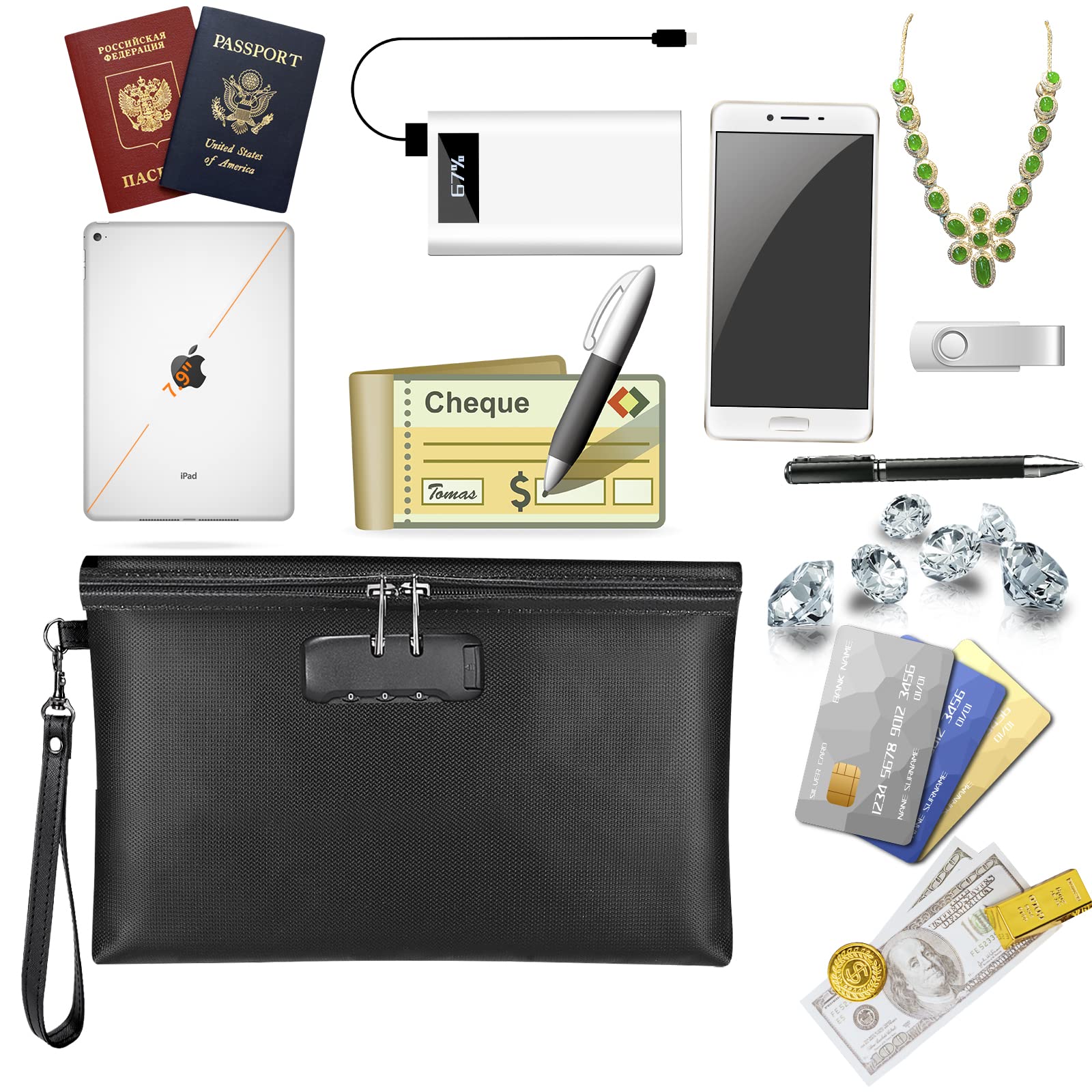 Fireproof Money Bag with Lock, 11.2"x7.6" Fireproof Cash Bag with Zipper Closure, Storage Pouch for A5 Size Document, Cheque, Cash, Cell Phone, Tablet, Credit Card, Passport, Jewelry (Black)