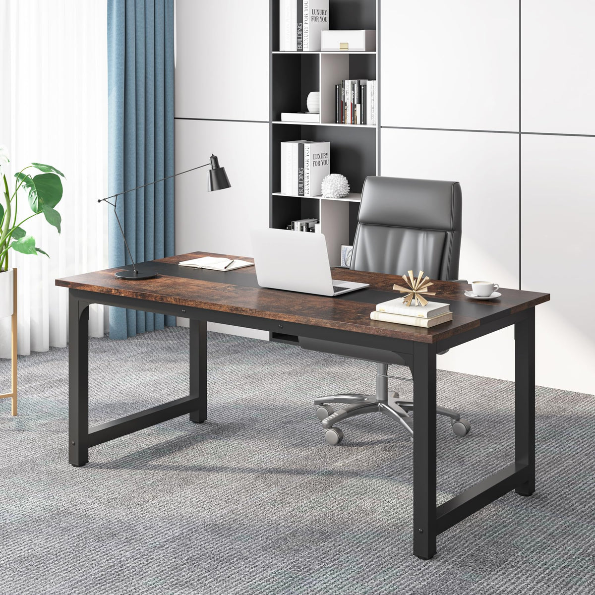 Tribesigns 63” Executive Desk, Large Office Computer Desk with Thicken Frame, Modern Simple Workstation Business Furniture for Home Office, Rustic Brown/Black