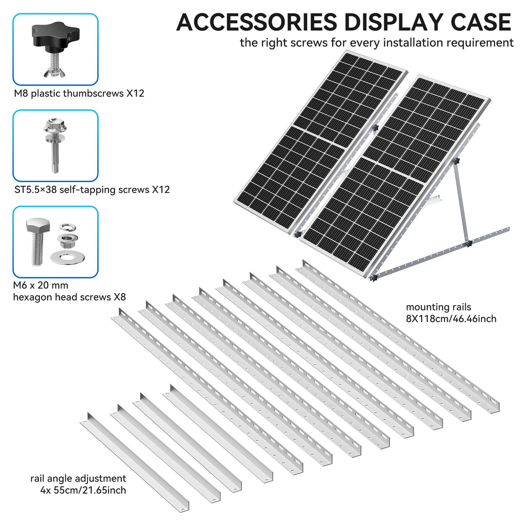 Upgraded 47in Adjustable Solar Panel Tilt Mount Brackets, Foldable Tilt Legs, Support 100 200 300 400 500 Watt Solar Panels 4-8Pcs, Solar Panel Stand for Roof, Off-Grid, RV and Boat