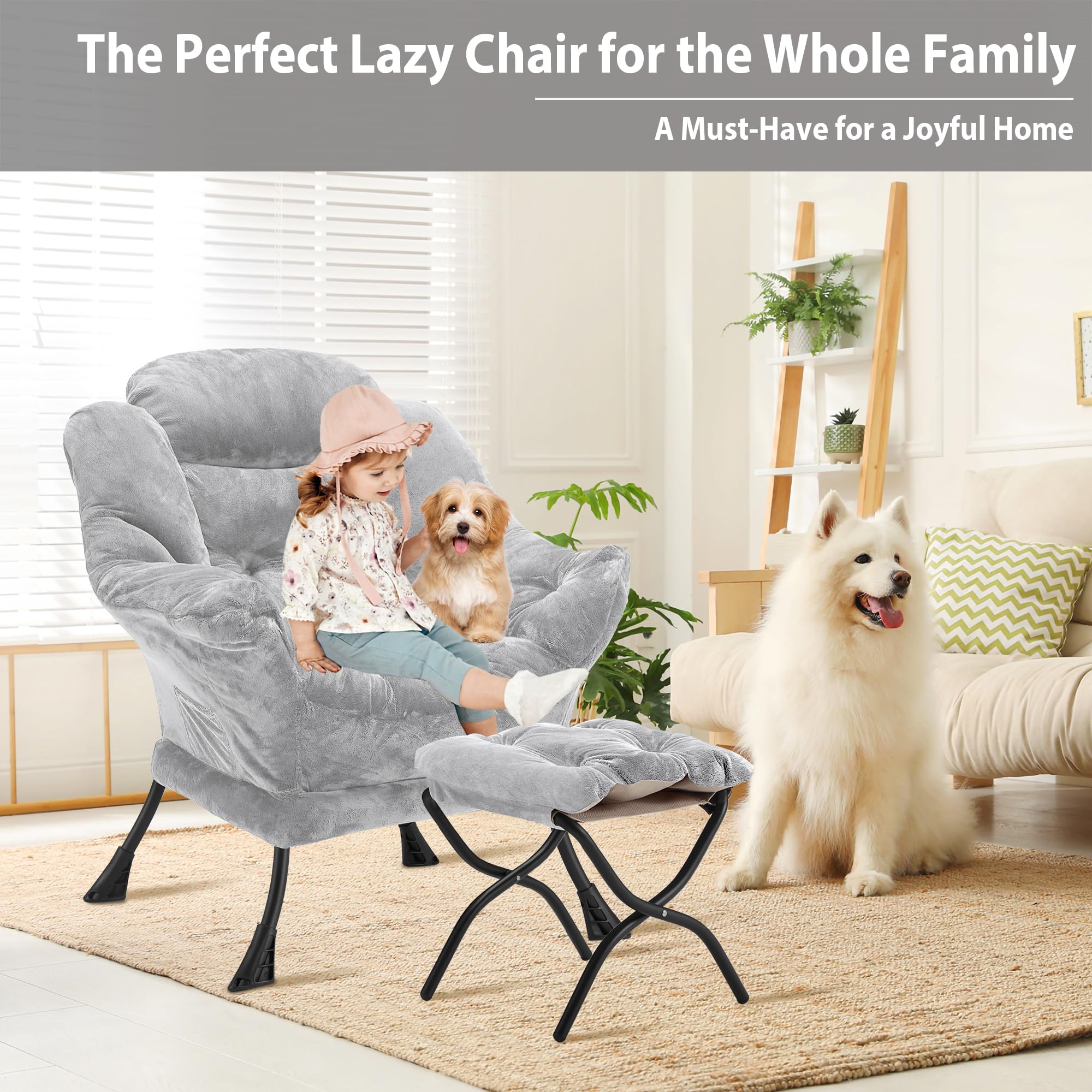 Youtanic Lazy Chair with Folding Ottoman, Accent Chair Velvet Upholstered with Metal Structure and Non-Slip Pads, Sofa Armchair with Footrest and Side Storage Bag for Dorm, Room, Office, Beige