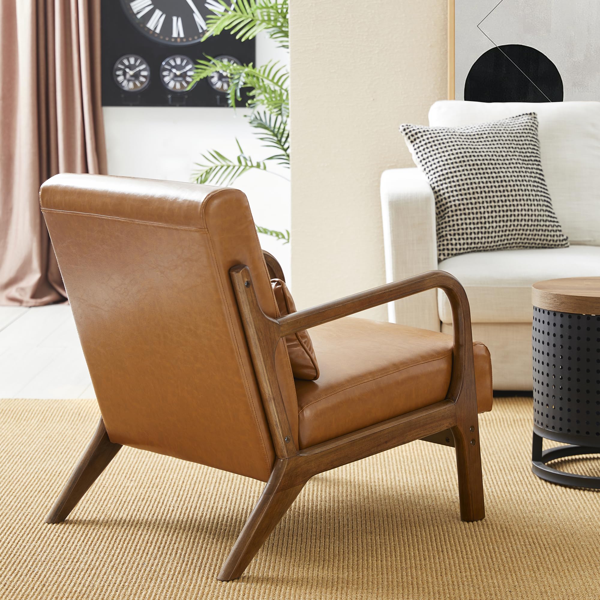 Glitzhome 2 Set Mid Century Black Accent Armchair, Single Reading Armchair PU Leather Lounge Chair with Walnut Ruberwood Frame