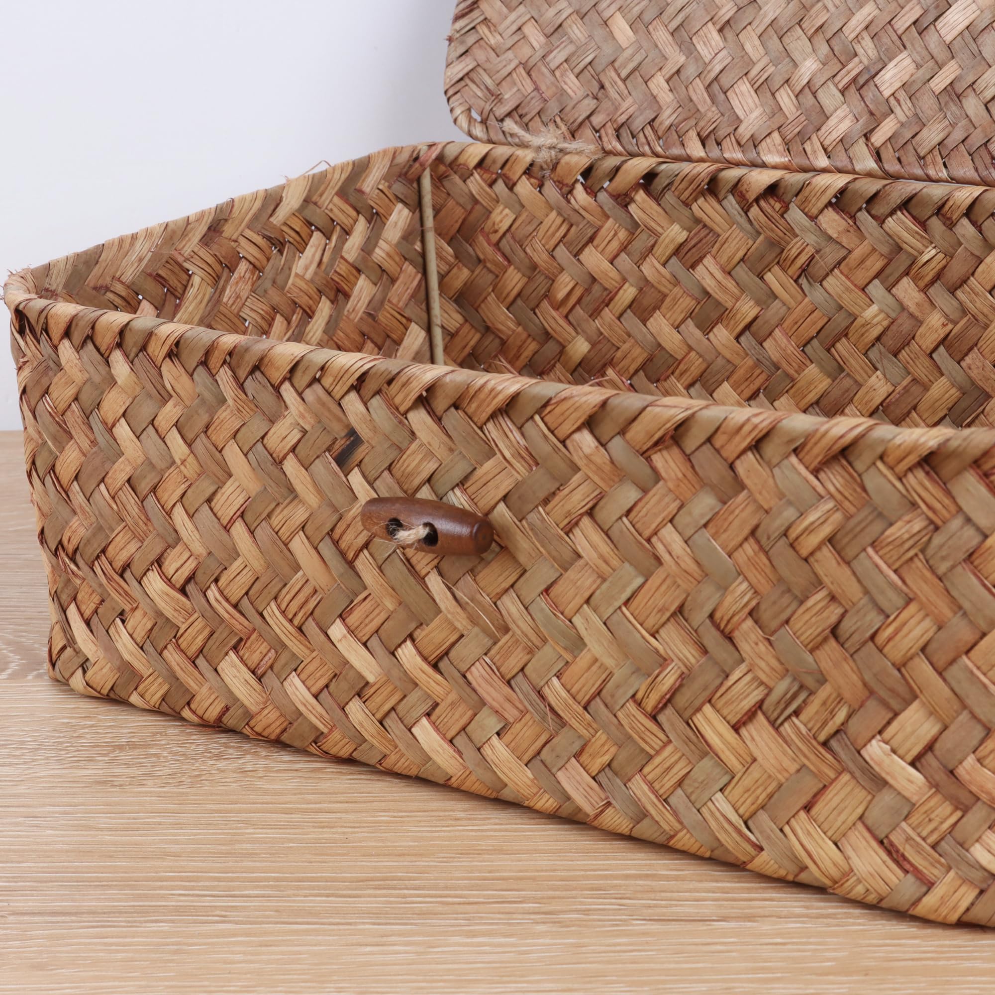 FEIALNDUO Wicker Shelf Baskets with Lid,Seagrass Storage Basket Bins Rectangular Handwoven Basket Boxes for Shelves Desktop Home Organizer (Coffee, X-Small)