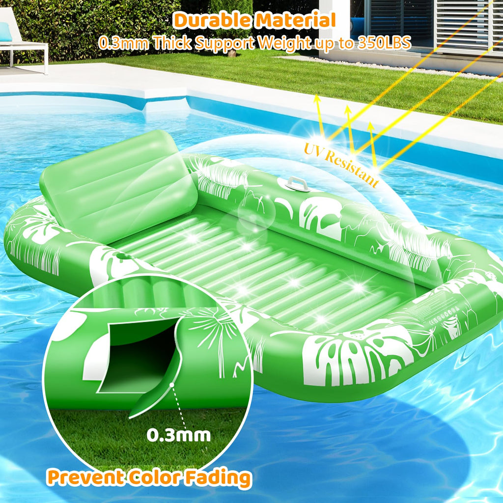 Inflatable Tanning Pool Lounger Float with Sprinkler, 77" x 48" Pool Floats Adult with Pillow, 6 in 1 Suntan Tub Raft Floatie with Drink Holder Sunbathing Water Lounge