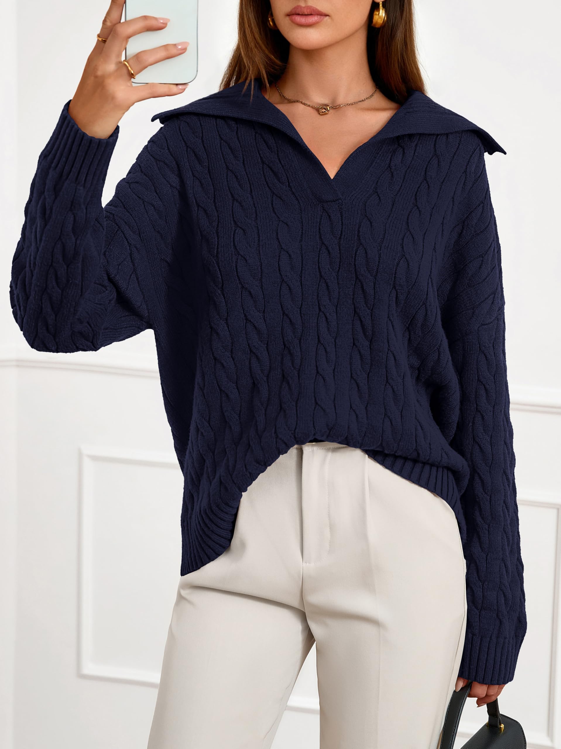 PRETTYGARDEN Spring Cable Knit Oversized Sweaters for Women 2026 Polo V Neck Long Sleeve Casual Chunky Sweater Pullover Tops