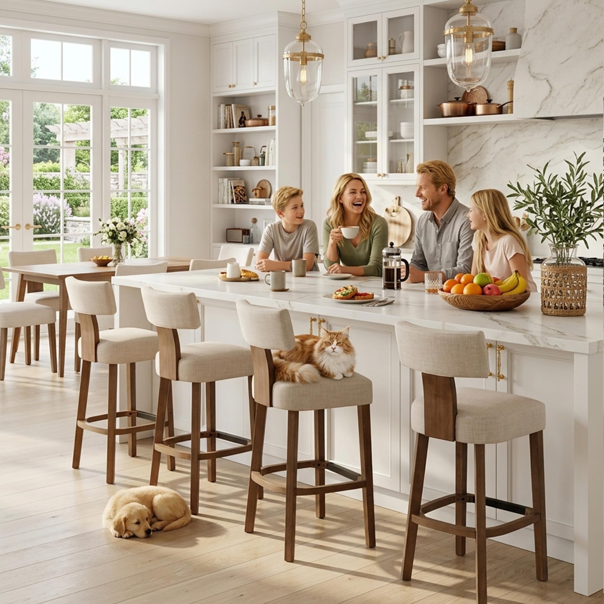 Farmhouse 30'' Extra Tall Bar Stools Set of 2 Modern Counter Height Barstools with Backs Rustic Wood Bar Stools Linen Upholstered Counter Chairs Kitchen Island Stool Chairs with Wood Frame, Beige