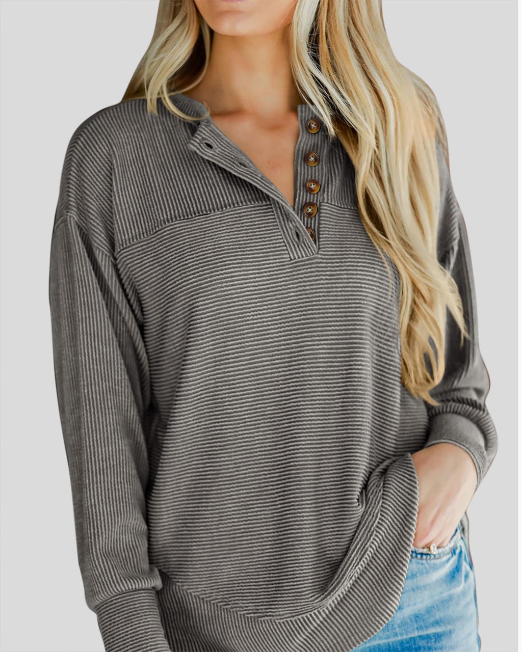 KIRUNDO Going Out Tops for Women Henley Shirts 2025 Casual Ribbed Knit Long Sleeve Tunic Summer Fall Button V Neck Blouse
