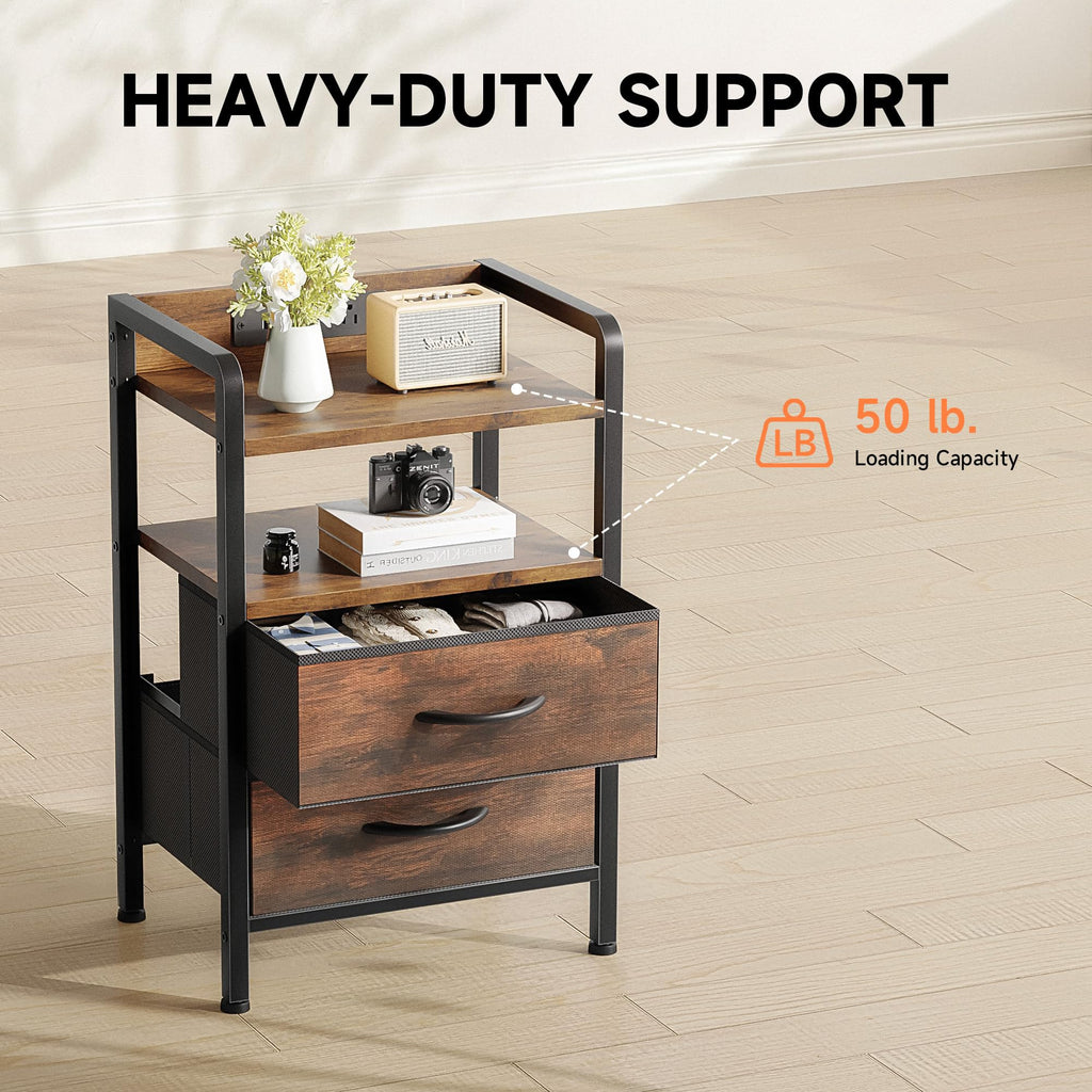 Lazzanto Night Stand Bedside Charger Bedroom - Nightstand with Charging Station & LED Light Strip, Night Stand with Storage Shelf & 2 Fabric Drawers, Morden End Table with U-S-B Ports & AC Outlets