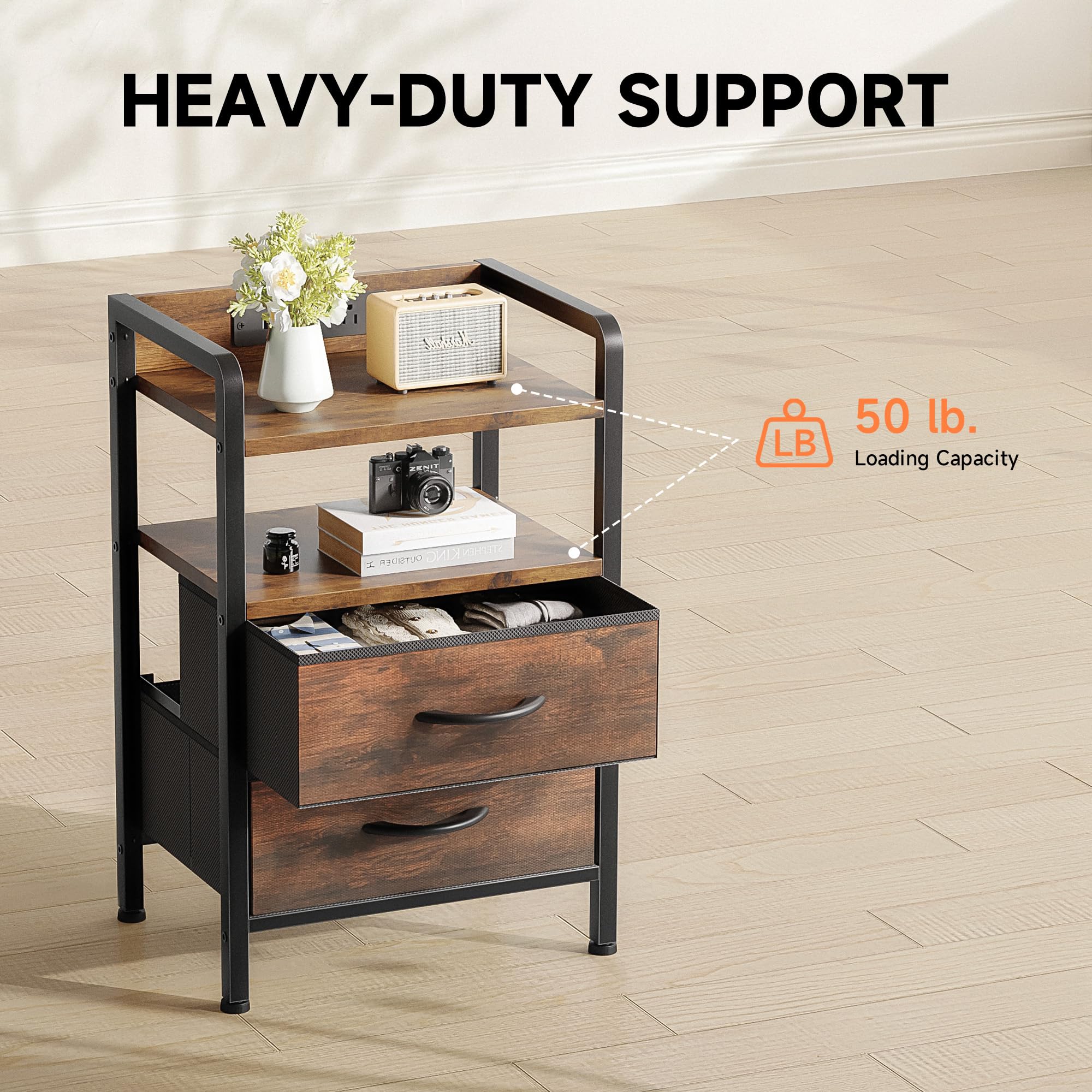 Lazzanto Night Stand Bedside Charger Bedroom - Nightstand with Charging Station & LED Light Strip, Night Stand with Storage Shelf & 2 Fabric Drawers, Morden End Table with U-S-B Ports & AC Outlets