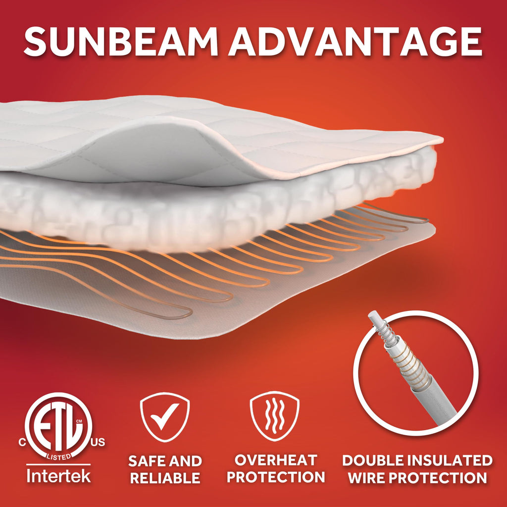 Sunbeam Restful Quilted Water Resistant Heated Mattress Pad - Full White