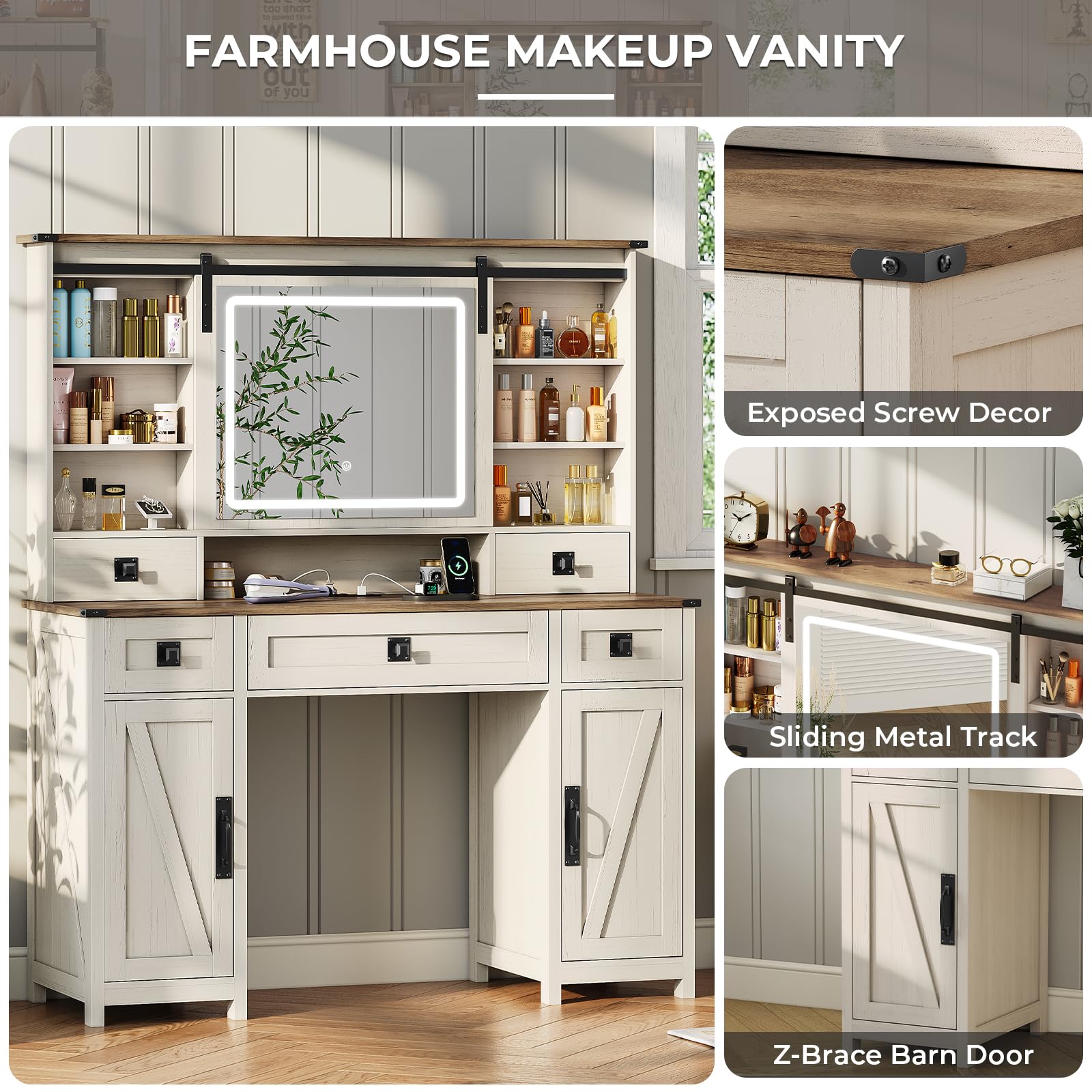 MSmask Makeup Vanity Desk with Lights, 47.2" Farmhouse Vanity Table with Sliding Mirror & Charging Station, Large Makeup Desk with 5 Drawers & 2 Cabinets, Rustic Oak