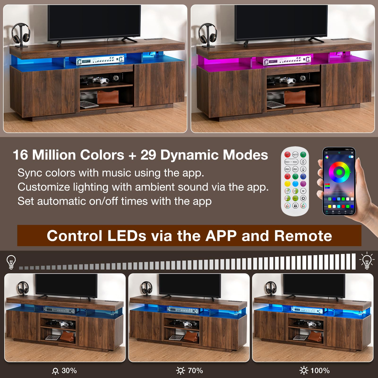 HOMMPA Modern LED TV Stand for 55 Inch TV, Black Tall TV Console with Power Outlet, Entertainment Center with Storage, High Gloss Gaming Media Console Cabinet for Living Room (47 Inch)