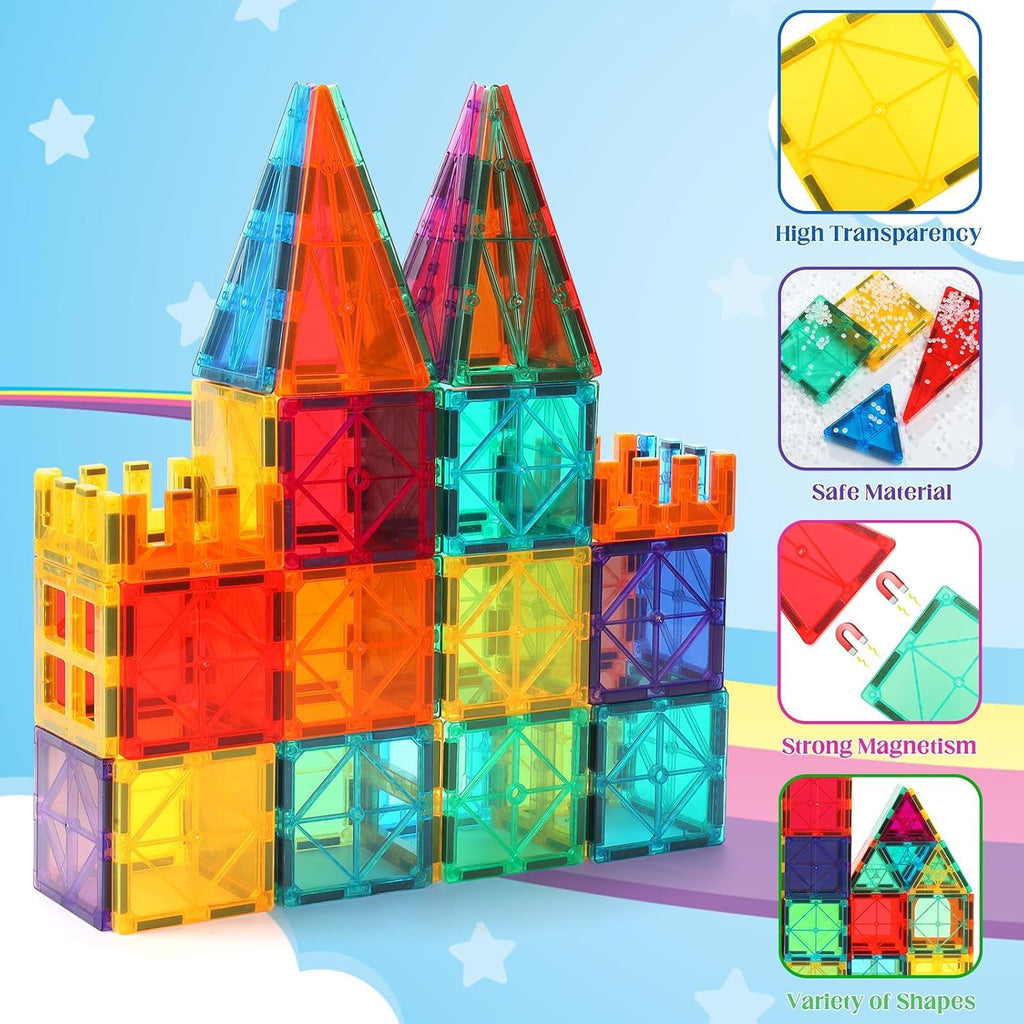 OugerToy Magnetic Building Tiles for Kids,64 PCS Educational Magnetic Stacking Blocks for Boys Girls, Magnets Construction Toys,Stem Preschool Kindergarten Learning Toys