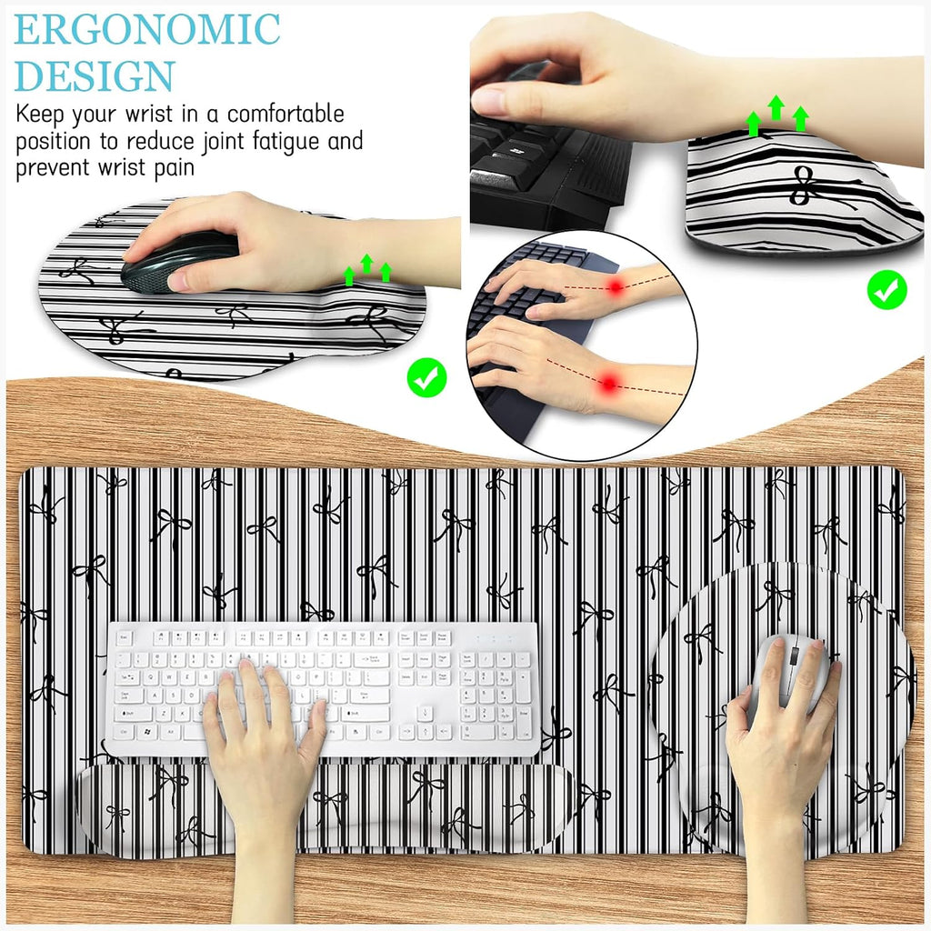 Black Striped Ergonomic Large Desk Mat Set with Wrist Rest