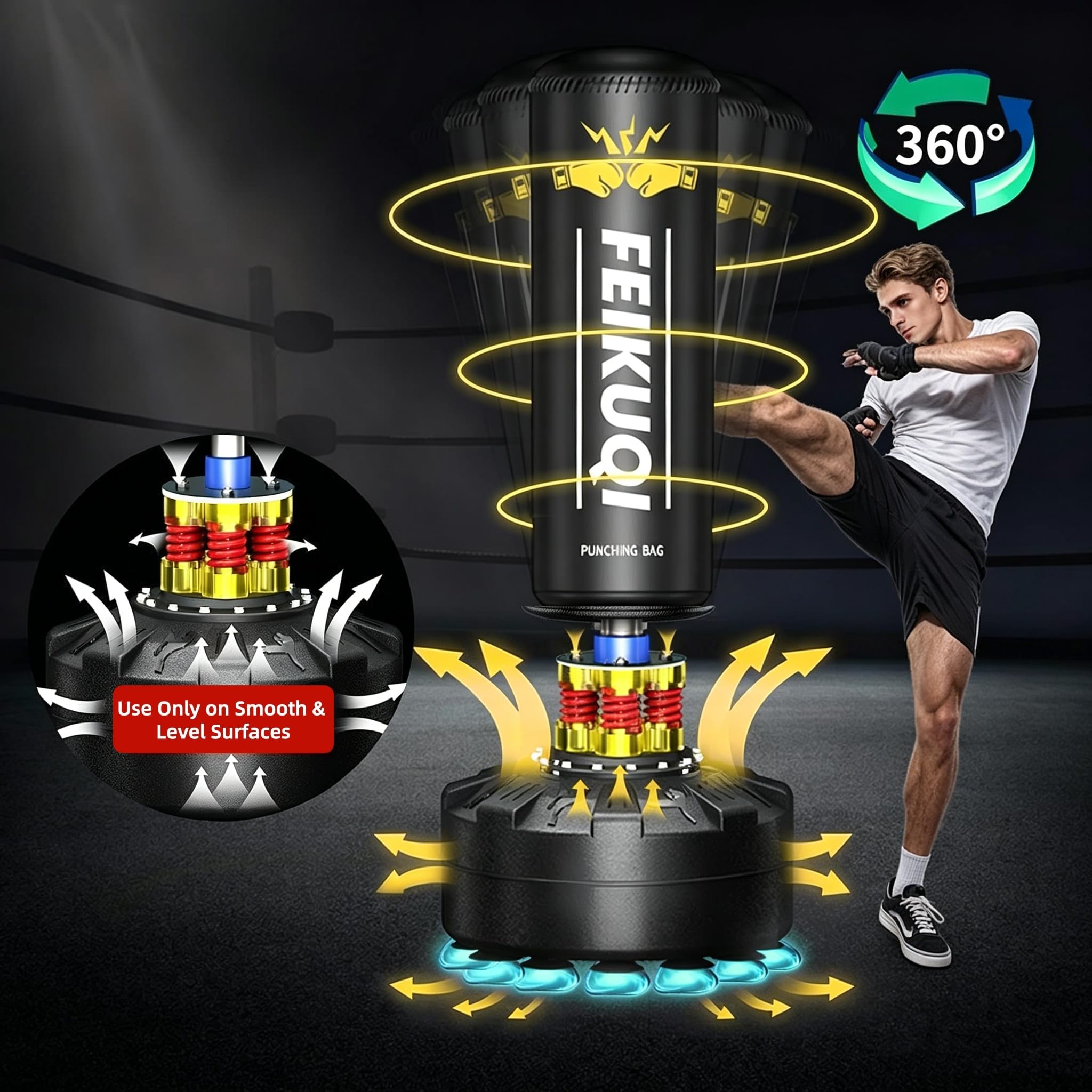 Standing Punching Bag for Adults, Feikuqi 205lbs Heavy Bag for Boxing, Shock Absorber, Suction Cup Base, Stand Up Punching Bag Adult, Standing Kickboxing Bag for Home Office Gym