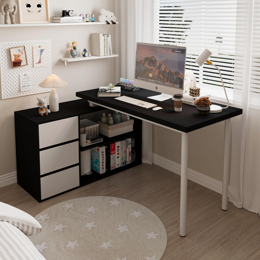 Bobve L Shaped Computer Desk, 47 Inch Home Office Desk with File Drawers & Storage Shelves, Small Corner Computer Desk for Small Space (Black + White)