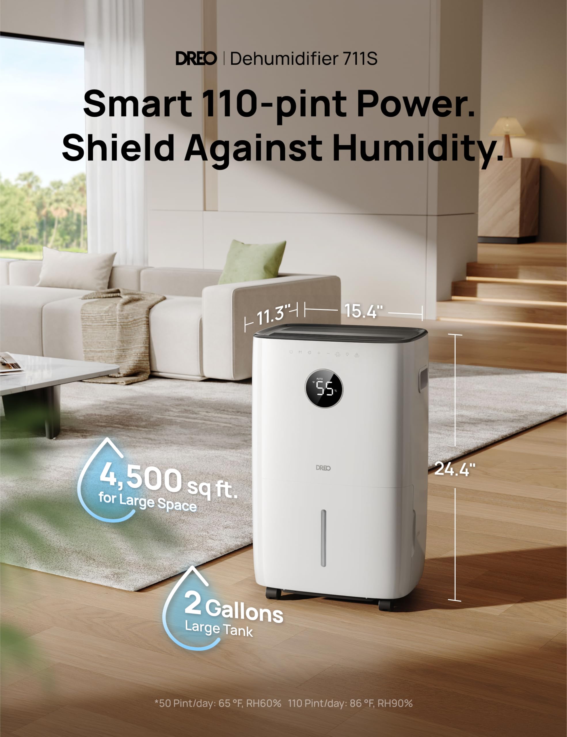 DREO 110-Pint Smart Dehumidifier for Basement, 4500 Ft² for Large Room, 2 Gallon Water Tank, Auto/Comfort/Constant Mode Dehumidifiers for Home, Bedroom, Bathroom, with Drain Hose, Black, 711S