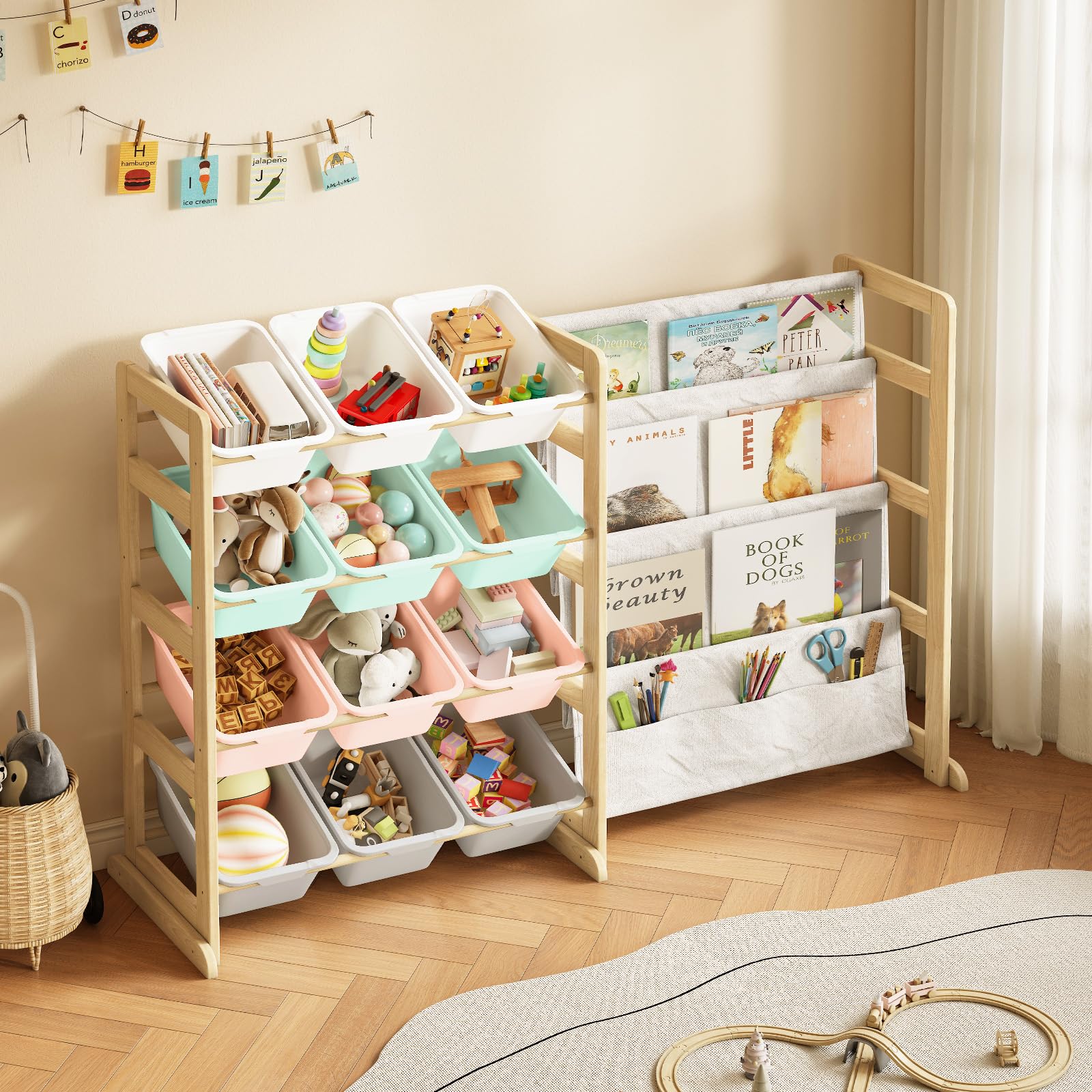 EXPERLAM Toy Storage Organizer with Bookshelf - 12 Storage Bins 4-Tier Multipurpose Shelf to Organize Toys and Books for Kids Room, Playroom, Nursery Room, Blue