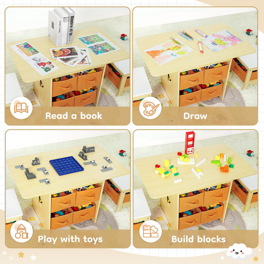 Kids Table and Chair Set (2 Chairs Included), Wooden Toddler Desk Group with 6 Storage Bins Boxes, Children's Furniture, Water Resistant (Gray)