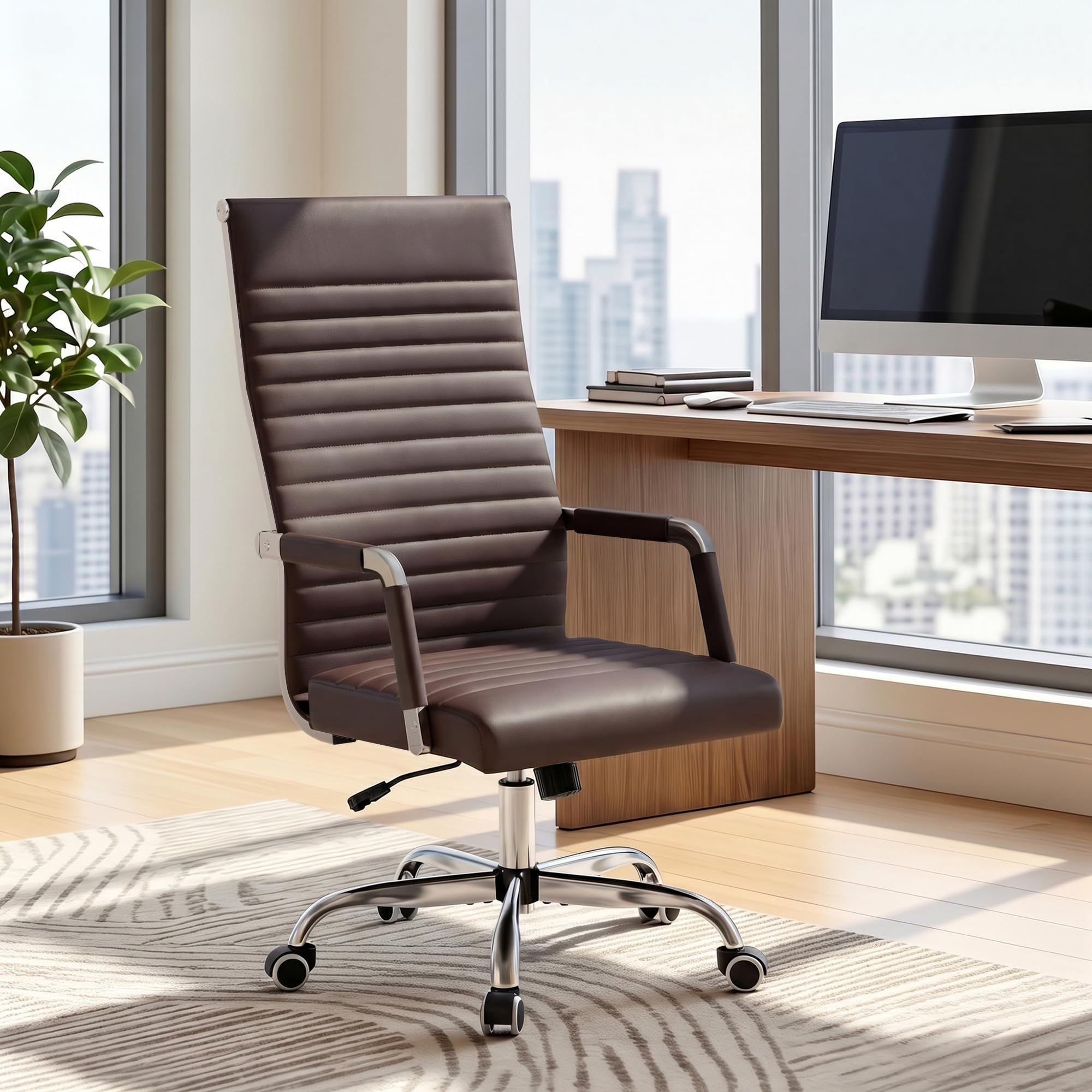 Furmax Ribbed Office Chair High Back PU Leather Executive Conference Chair Adjustable Swivel Chair with Arms (Bicolor Retro Brown)