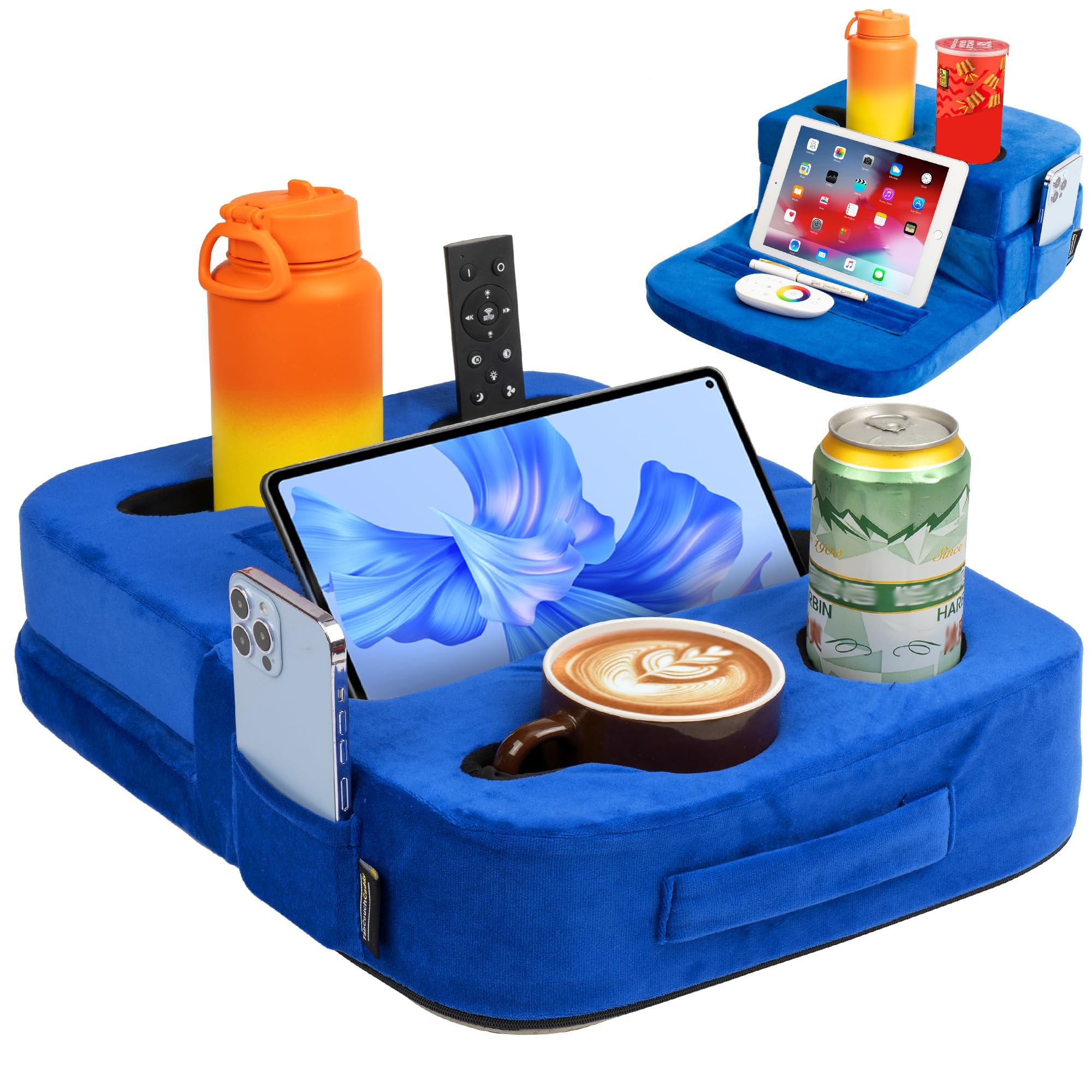 TabCouchCaddy - Couch Cup Holder Tray Pillow - Bed, Couch Caddy, Sofa, RV & Car - Holds Drinks, Snacks, Remotes, Phones, Kindle, Tablet | Bed Cup Holder (Beige)