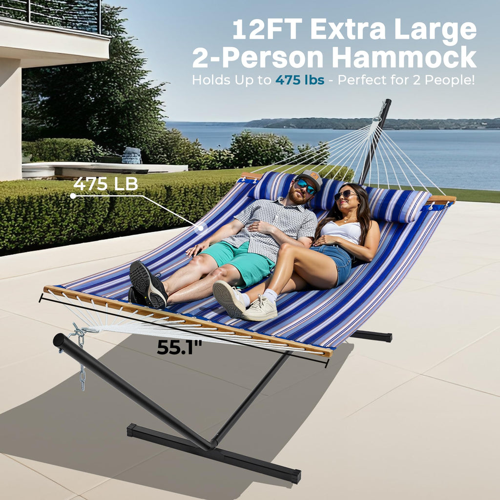 SUPERJARE Hammock with Stand, 2 Person Quilted Outdoor Hammock, Detachable Pillow & Bamboo Spreaders, Portable Hammock with Carrying Bag, Heavy Duty Stand, Perfect for Outside, Patio, Aqua Blue