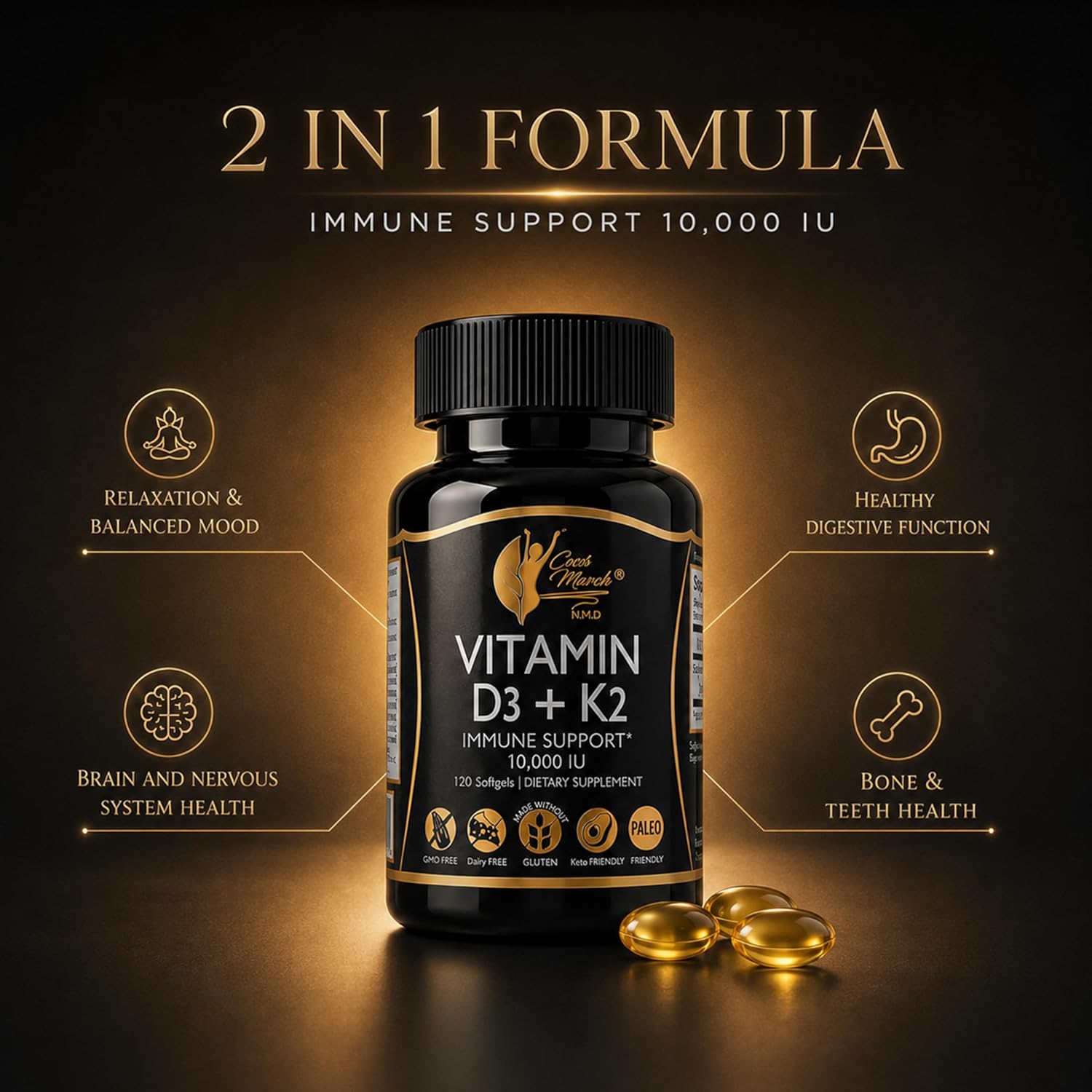 Cocó March N.M.D Vitamin D3+K2 10,000 IU - High Potency Supplement for Women & Men, Immune Support, Bone & Joint Health - Gluten-Free, Non-GMO, 4 Month Supply, 250 mcg D3, 180 mcg of Vitamin K2