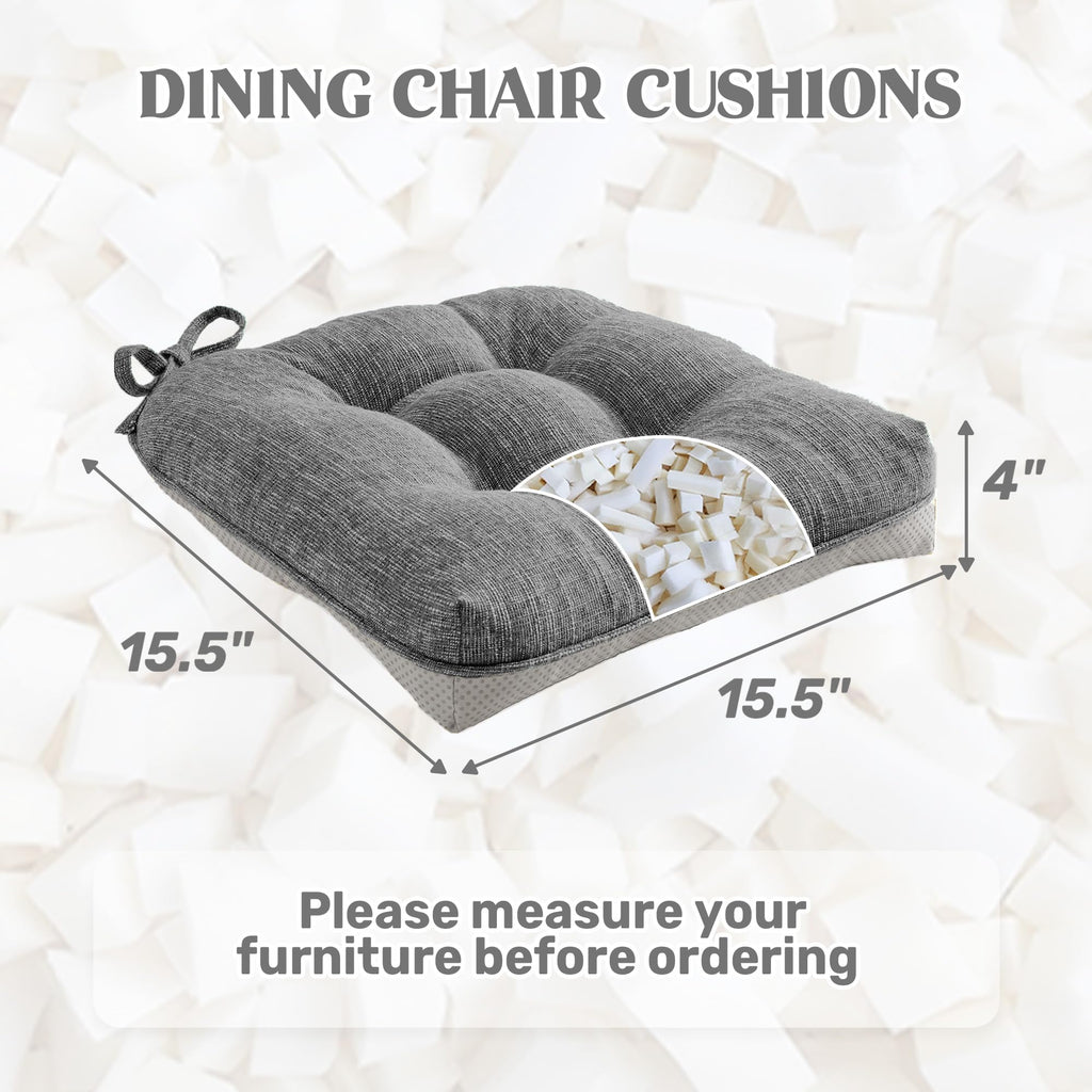 puredown® Chair Cushions for Dining Chairs, Tufted Memory Foam Chair Pads with Non-Slip Backing, Kitchen Seat Cushions with Ties, Washable Seat Pad Set of 4, 15.5" x 15.5" x 4", Light Grey