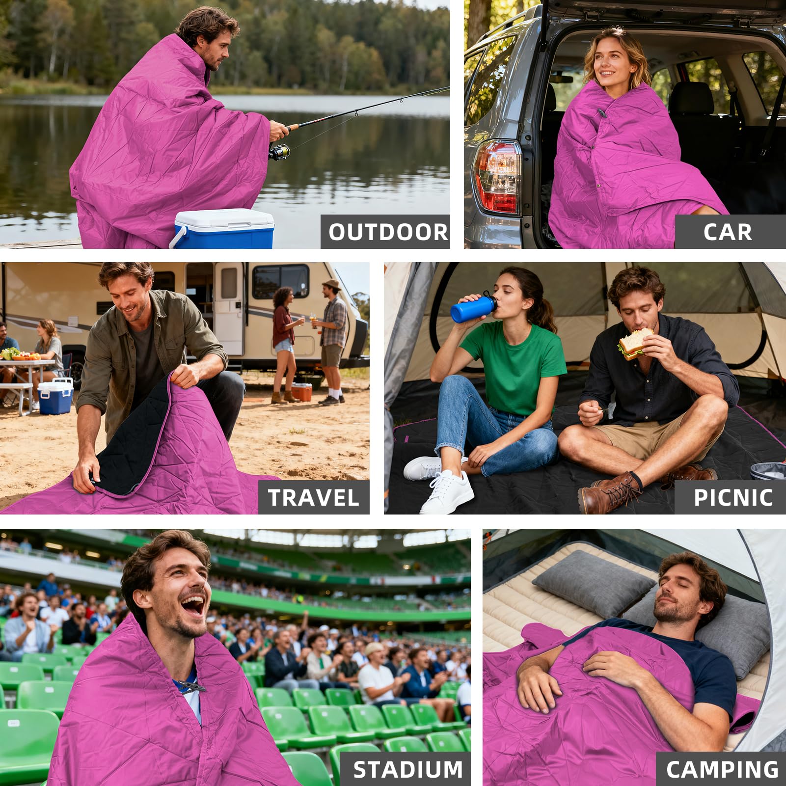 Large Outdoor Waterproof Blanket Extra Thick Fleece Stadium Blanket for Camping, Car, Pet, Picnics - Windproof, Wearable, Machine Washable 80" x 58" (Black Check)
