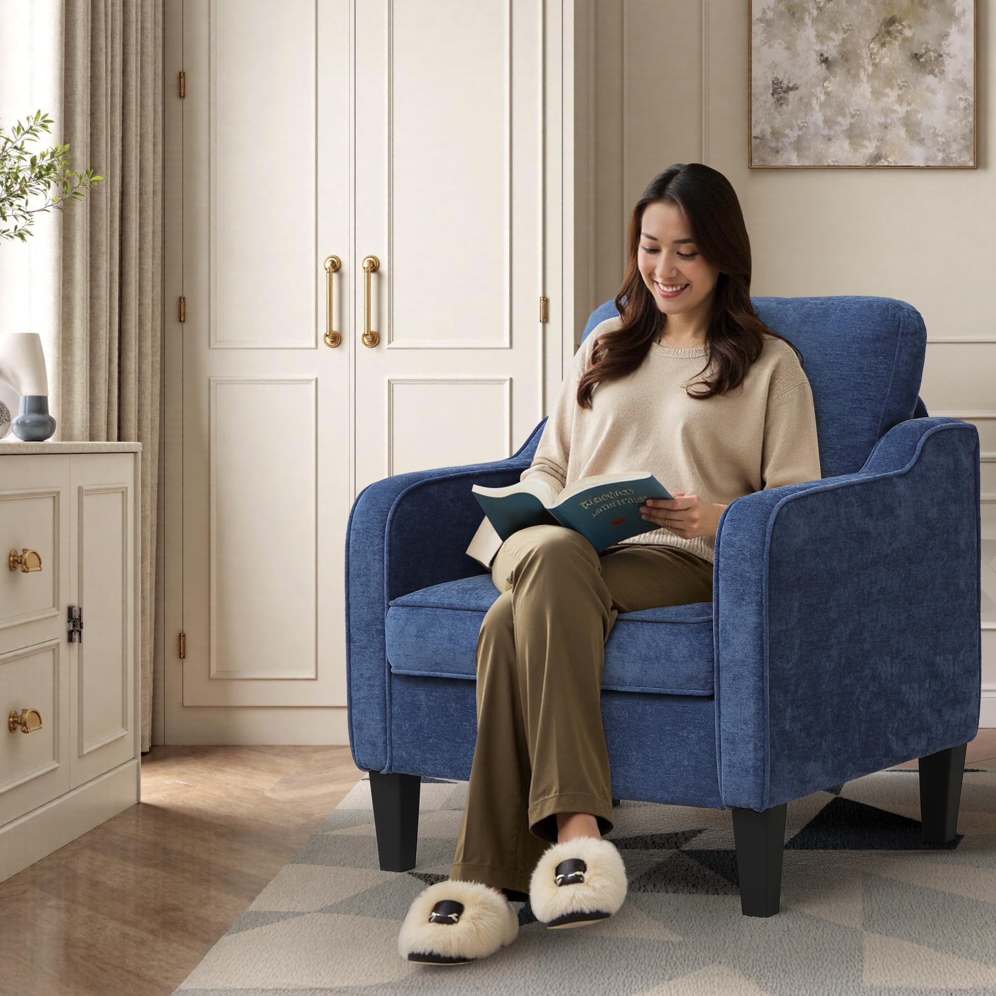 Accent Chair for Living Room, Mid Century Modern Reading Chair for Bedroom, Upholstered Armchair with Side Pockets, Comfy Single Sofa Side Chair for Office, Apartment, Small Room, Beige
