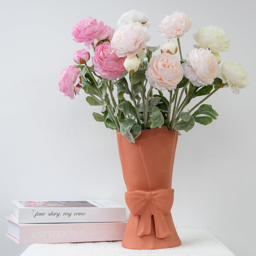 Relexome Beige Ceramic Bow Vase 9.64 in Unique Cute Modern Decorative Bouquet Flower Vases for Home Living Room Table Decor Women Girl Gifts