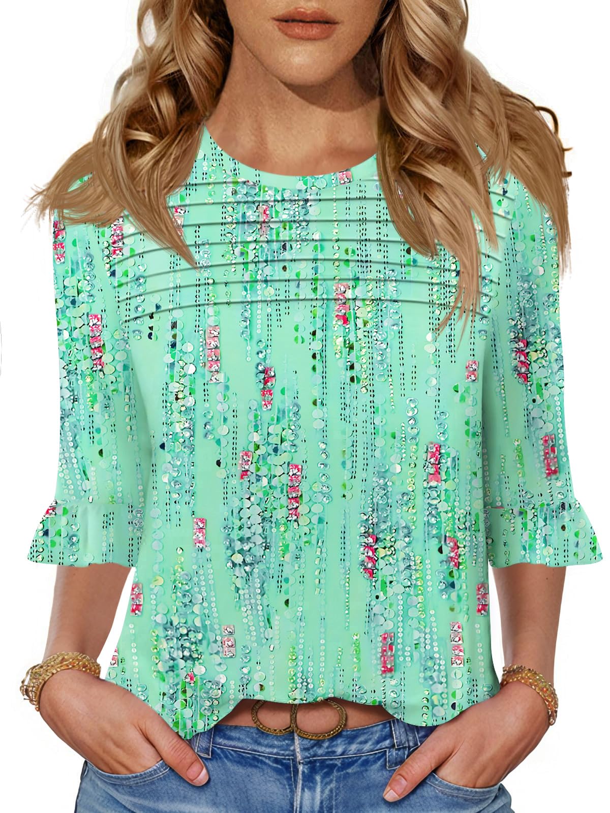 Blingfit Womens Tops 3/4 Length Sleeve Dressy Casual Shirts Bell Sleeve Front Pleated Fasion Trendy Summer Blouses 2026