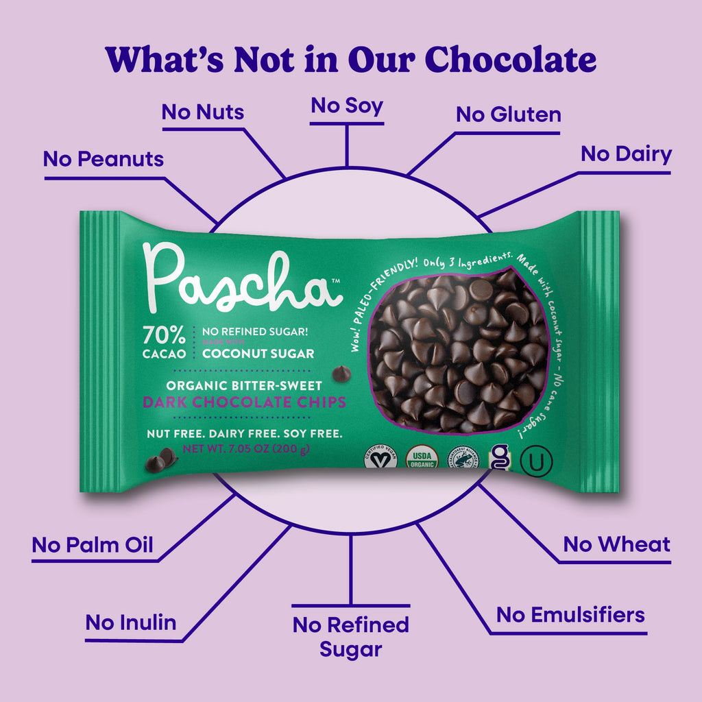 Pascha Organic 70% Cacao Baking Chips - Bittersweet Dark Chocolate with Coconut Sugar - Vegan, Non-GMO, Rainforest Alliance Certified - Allergen-Free (Pack of 8)