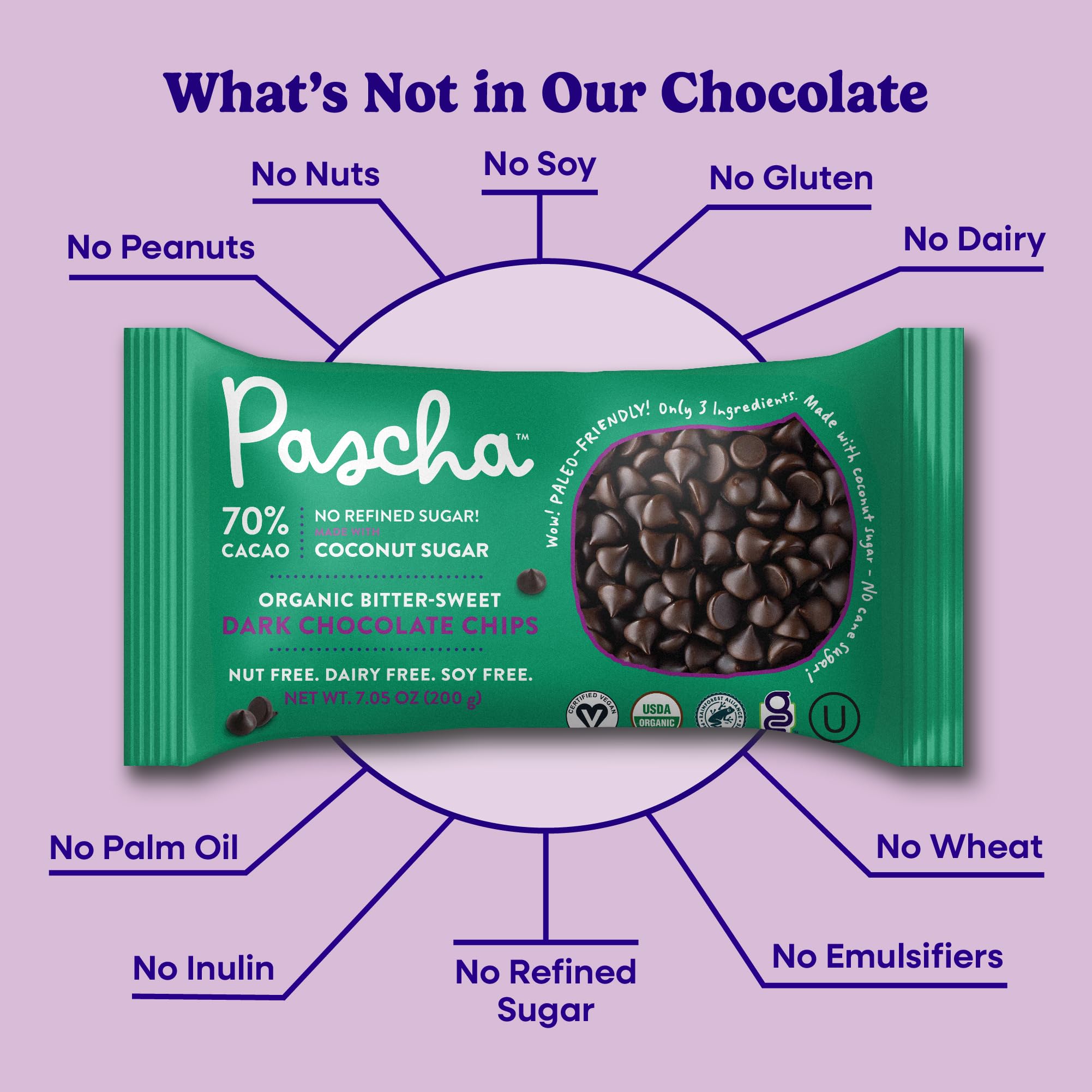 Pascha Organic 70% Cacao Baking Chips - Bittersweet Dark Chocolate with Coconut Sugar - Vegan, Non-GMO, Rainforest Alliance Certified - Allergen-Free (Pack of 8)