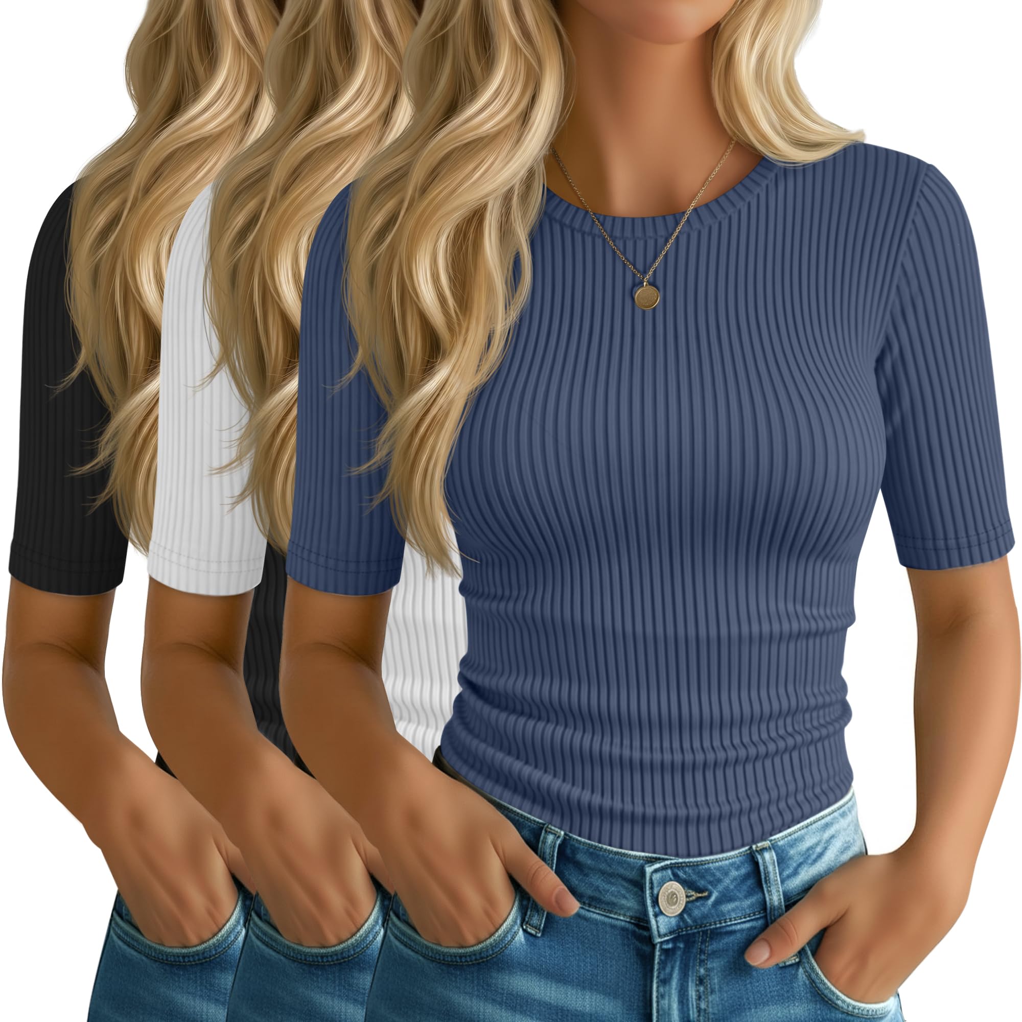 Riyiper 3 Pack Women's Elbow Length Tops, Half Sleeve Ribbed Cotton T Shirt Crew Neck Summer Tee Slim Fit Casual Blouses