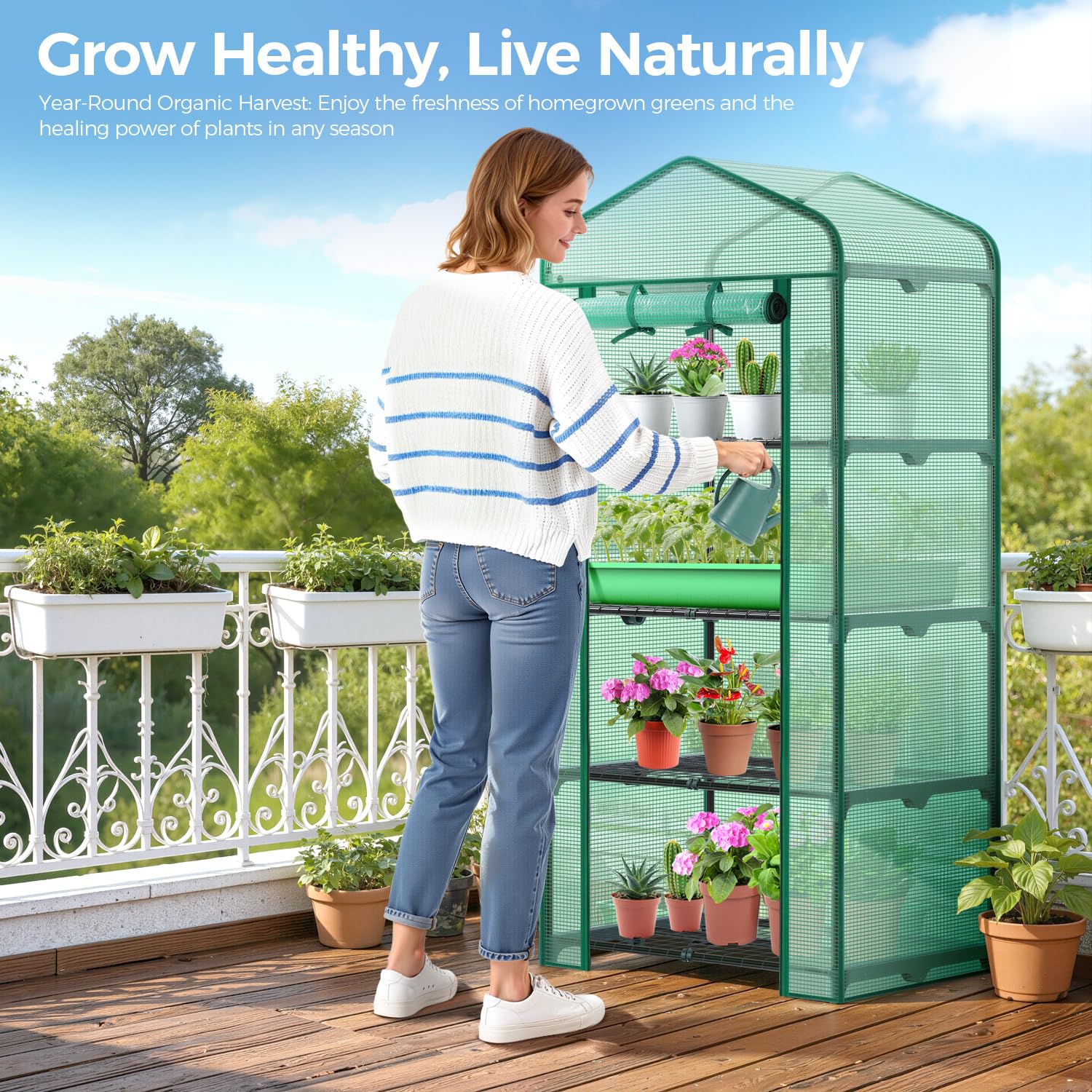 Mini Greenhouse with Screen Roof, Ohuhu Upgraded Portable 4 Tier Small Greenhouses for Outdoors Indoor with Reelable Door, Heavy Duty Plastic Green House for Outside Garden Patio Yard Porch Balcony