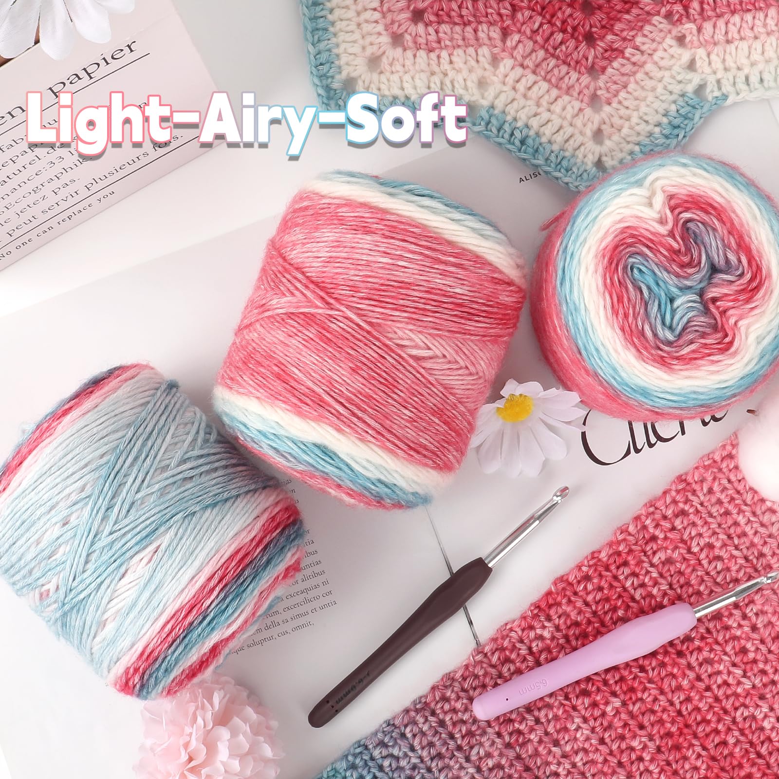 Katech Fairyland Yarn for Crocheting Knitting-Gradient Yarn Cake-4 Pack of 100g/3.52 oz-Soft DK Light Weight #3-60% Cotton 30% Acrylic 10% Wool-Perfect for Scarves, Shawls, Blankets and Garments(A)
