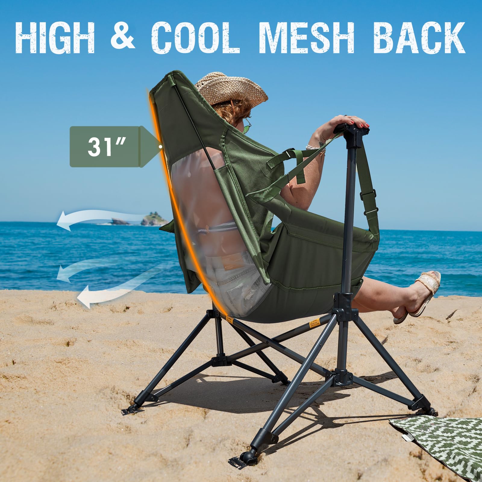 Portal Hammock Camping Chair, Portable Outdoor Swinging Chairs with Adjustable Back and Height for Lawn, Backyard, Patio, Supports 400 lbs, Breathable Mesh High Back, Blue