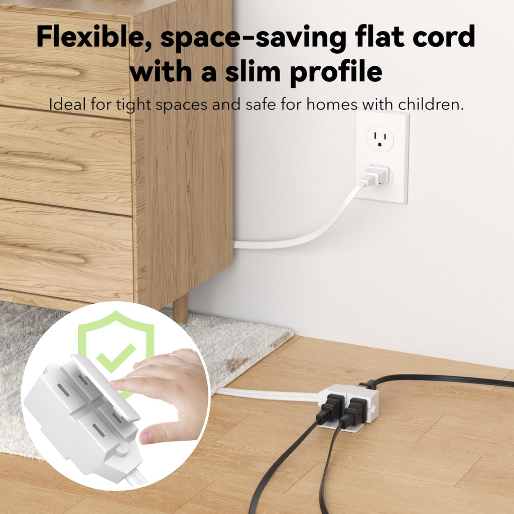 BN-LINK 6ft Indoor Extension Cord, 2 Pack, 3-Outlet Polarized Flat Cable, Household Power Cord for Home, Office, and Holiday Decorations, Black