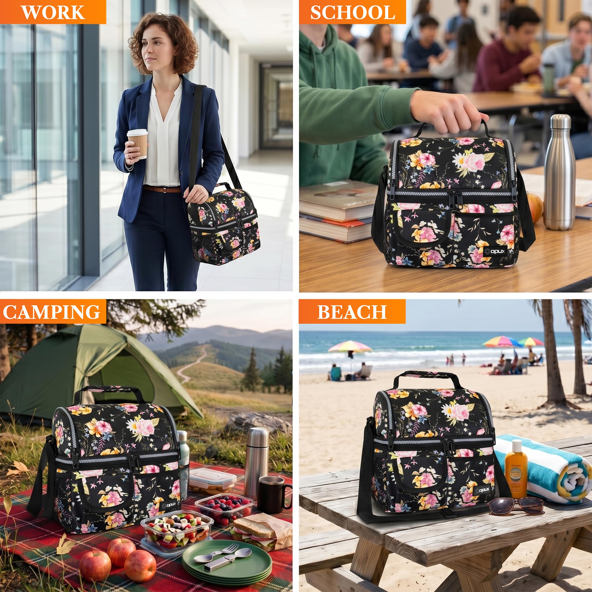 opux Insulated Lunch Bag Women Men, Dual Compartment Leakproof Lunch Box Adults Kids, Double Decker Meal Prep Bento Lunch Cooler Tote with Shoulder Strap for Work Office School Travel, Black