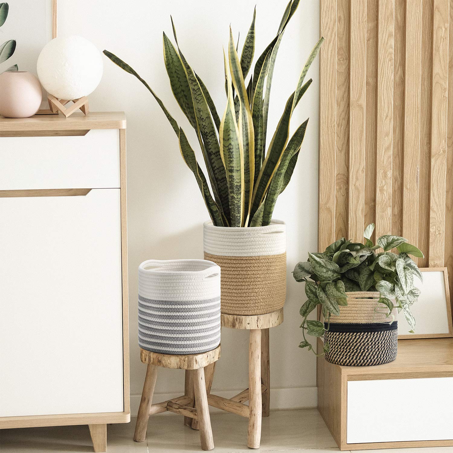 TIMEYARD Sturdy Jute Rope Plant Basket Modern Woven Basket up to 7.5 Inch Flower Pot Floor Indoor Planters, 8” x 8” Storage Organizer Baskets Rustic Home Decor, Black Stripes