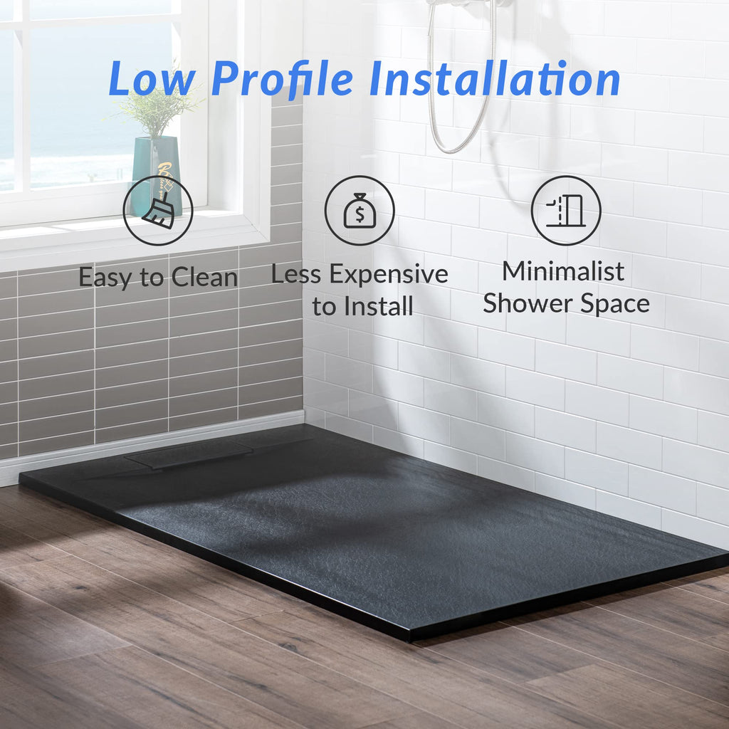 WOODBRIDGE 47.25 in L x 31.5 in W Zero Threshold Shower Base with Center Drain, Decorative Drain Plate, Tile Flange, Wheelchair Access, Low Profile, Black