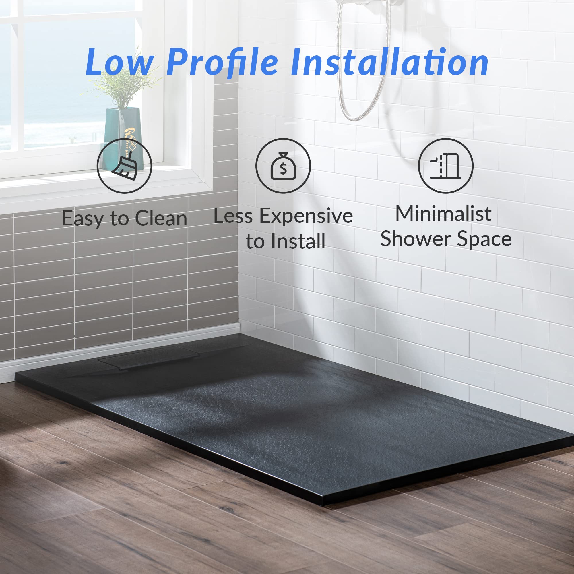 WOODBRIDGE 47.25 in L x 31.5 in W Zero Threshold Shower Base with Center Drain, Decorative Drain Plate, Tile Flange, Wheelchair Access, Low Profile, Black