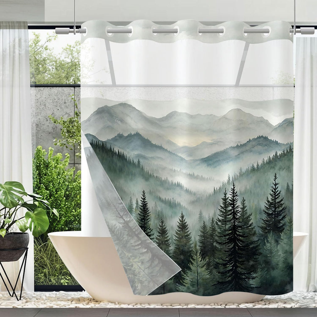 Stall Small Black and White Misty Forest Shower Curtain Ombre Gray Grey Mountain Pine Tree Waterproof Fabric Shower Curtains for Bathroom Nature Woodland Decorative Bath Curtain Decor 36×72 Inches