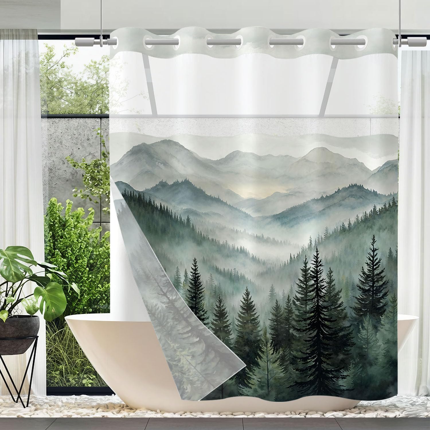 Stall Small Black and White Misty Forest Shower Curtain Ombre Gray Grey Mountain Pine Tree Waterproof Fabric Shower Curtains for Bathroom Nature Woodland Decorative Bath Curtain Decor 36×72 Inches