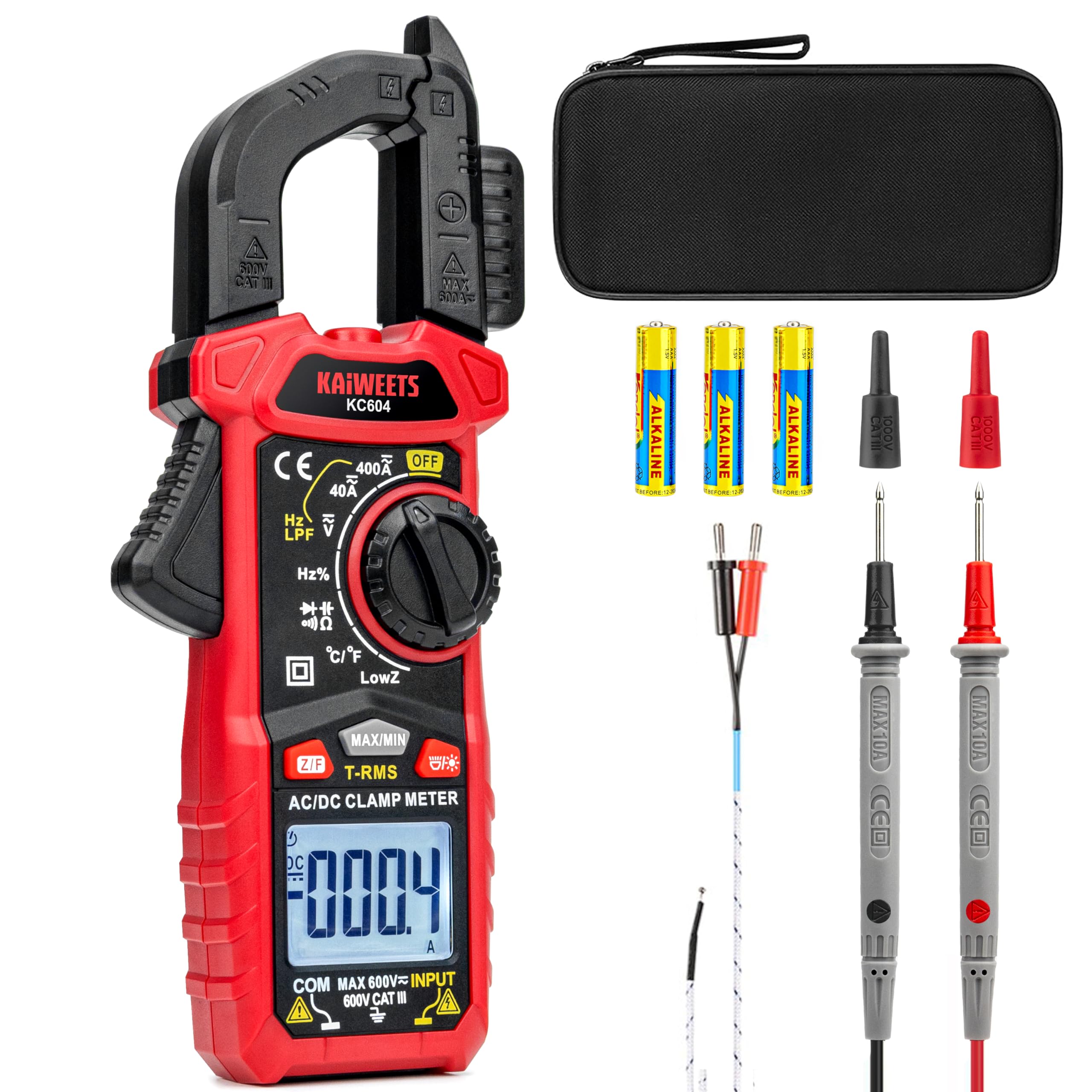 KAIWEETS Digital Clamp Meter Multimeter with D-Shaped Jaw for AC/DC Current & Voltage, Auto-ranging 4000 Counts Voltage Tester with Flashlight Backlight, Measuring Temperature Continuity Diode NCV