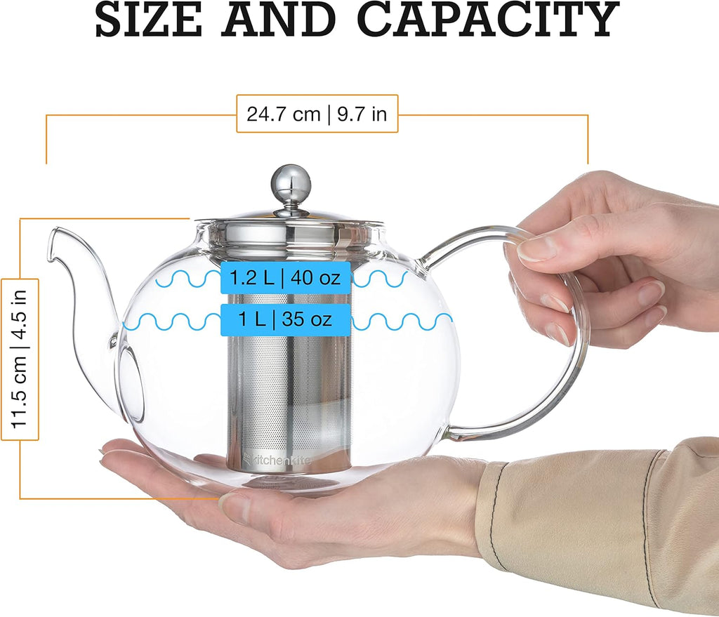 Kitchen Kite Glass Teapot Set with 4 Double Wall Tea Cups & Removable Stainless Steel Infuser, 35oz/1000ml Borosilicate Tea Kettle Stovetop Safe, Loose Leaf & Blooming Tea Maker Gift Set for Women