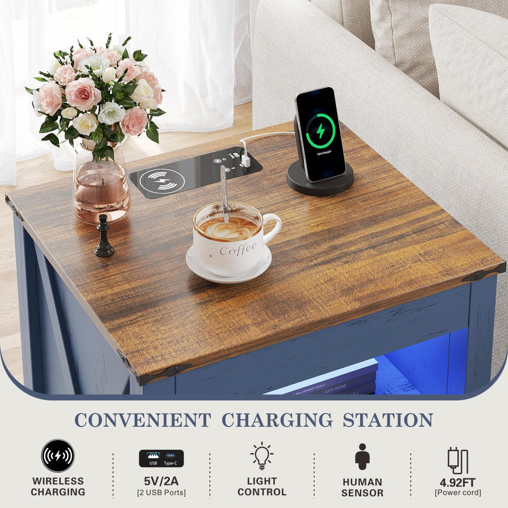 TAGELIER Farmhous Nightstand with Gun Drawer,Bedside Table with Charging Station, Gun Night Stand with LED Light & Human Sensor,Smart End Table for Bedroom, Black